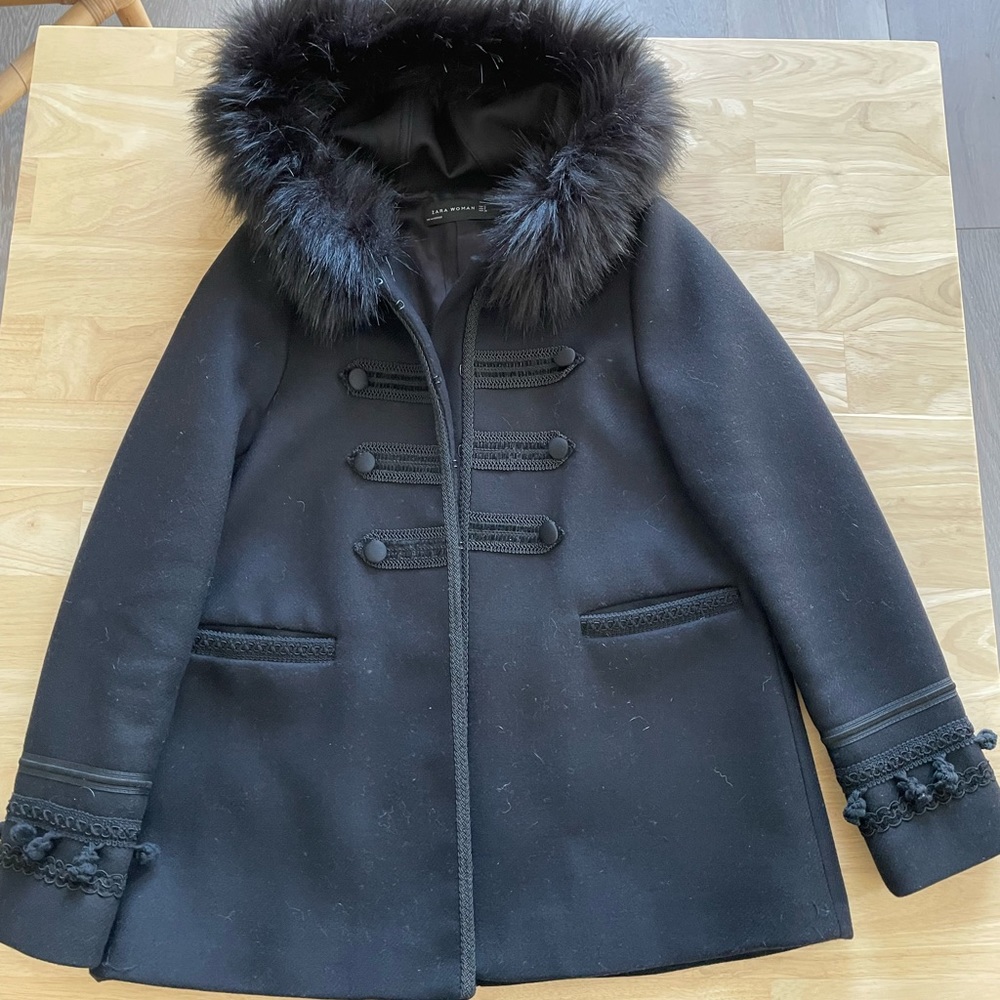 Black Zara wool duffel coat with faux fur hood